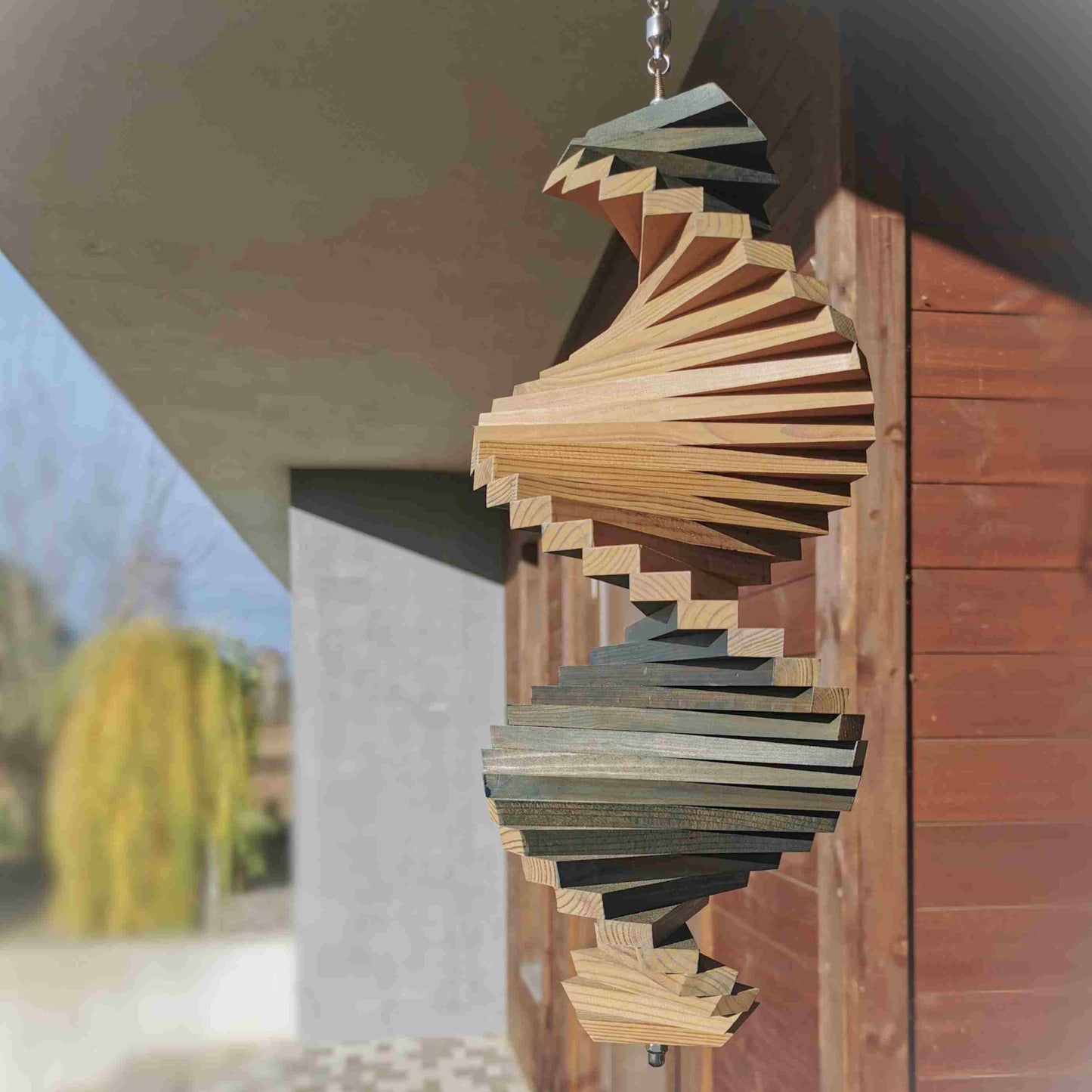 Wood Wind Spinner – Hanging Garden Decor in Denim Blue & Taupe Grey | Weatherproof Outdoor Art for Porch, Patio, or Balcony