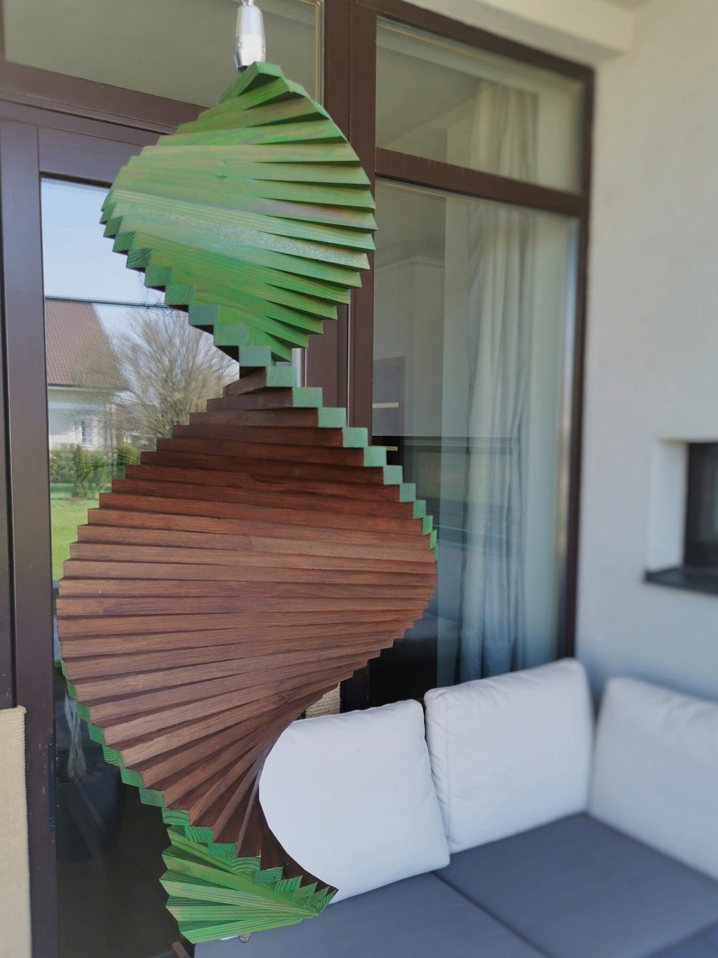 Wood Wind Spinner, Premium Quality Wood Garden Decor in two colors. Sustainable Kinetic Art for Outdoors. Forest Green & Brown.