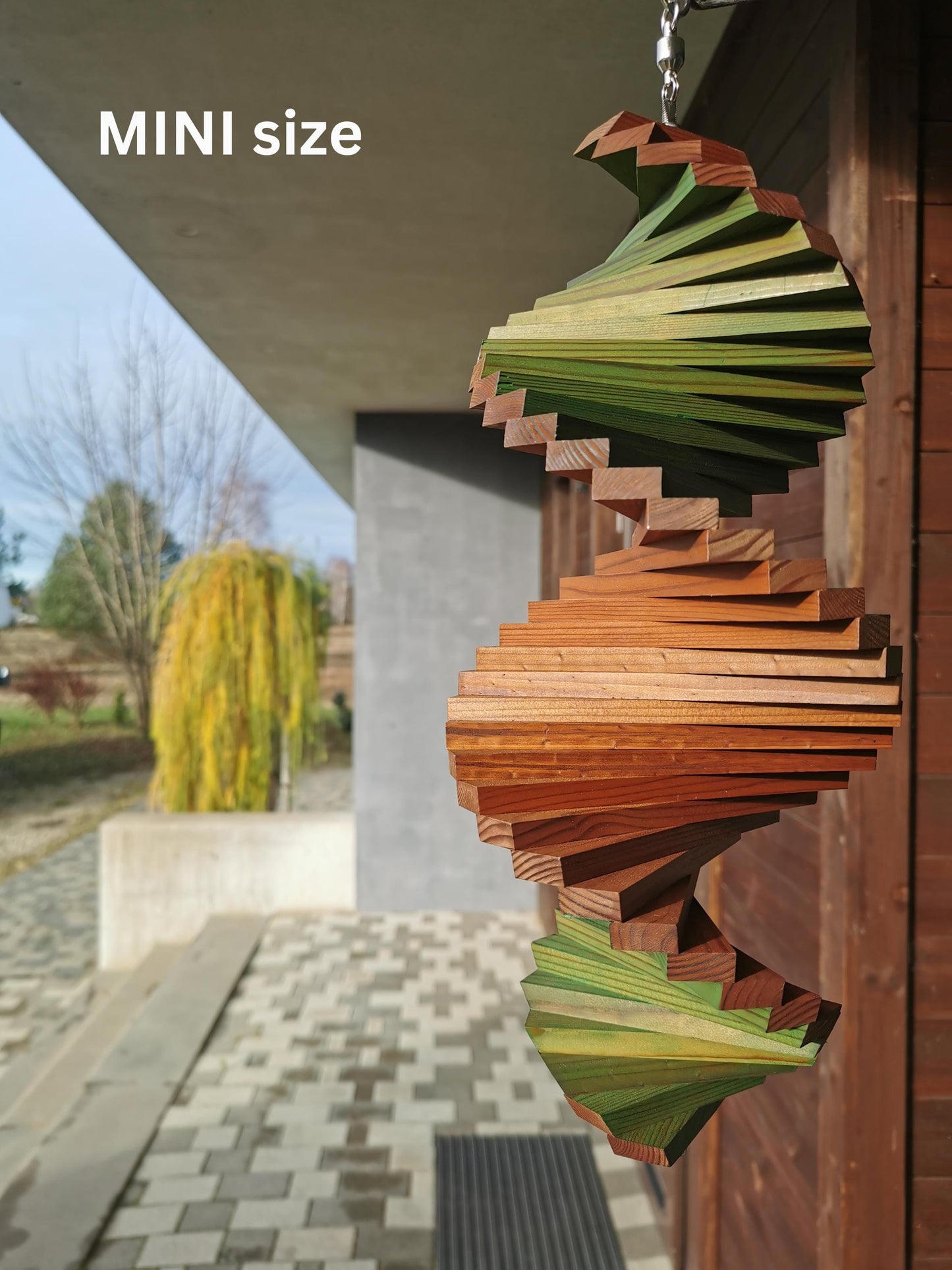 Wood Wind Spinner, Premium Quality Wood Garden Decor in two colors. Sustainable Kinetic Art for Outdoors. Forest Green & Brown.