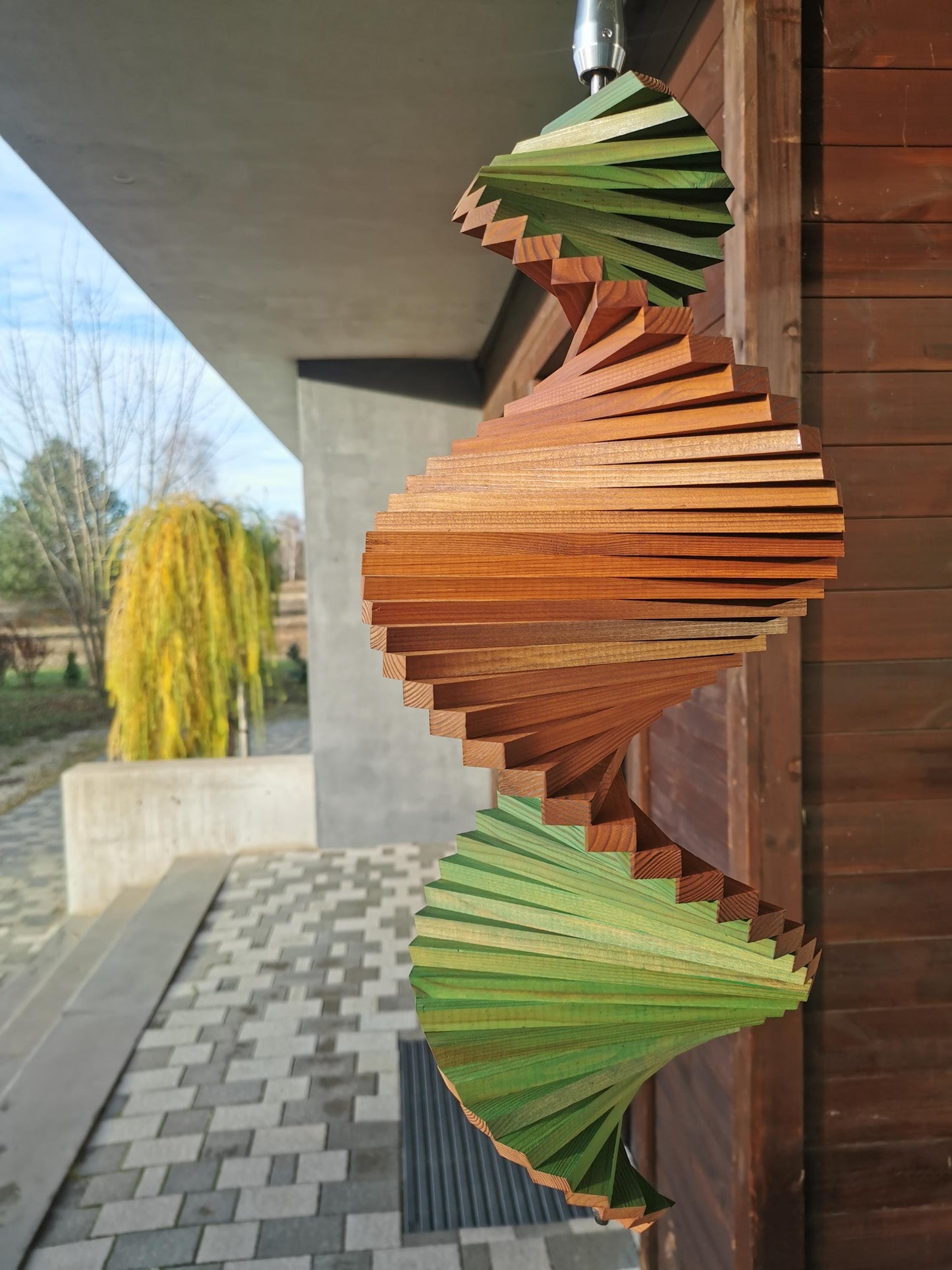 Wood Wind Spinner, Premium Quality Wood Garden Decor in two colors. Sustainable Kinetic Art for Outdoors. Forest Green & Brown.