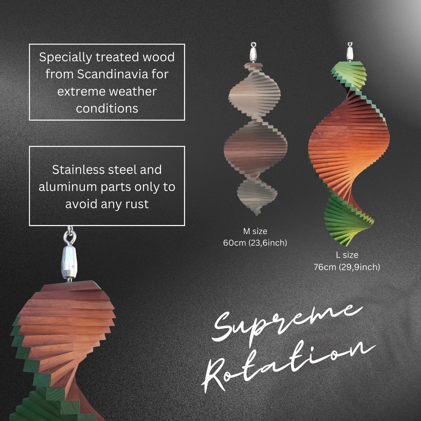Wind spinner, Outstanding hanging Wood Decor for garden, Outside decoration for house in two colors. Signal red & Brown.