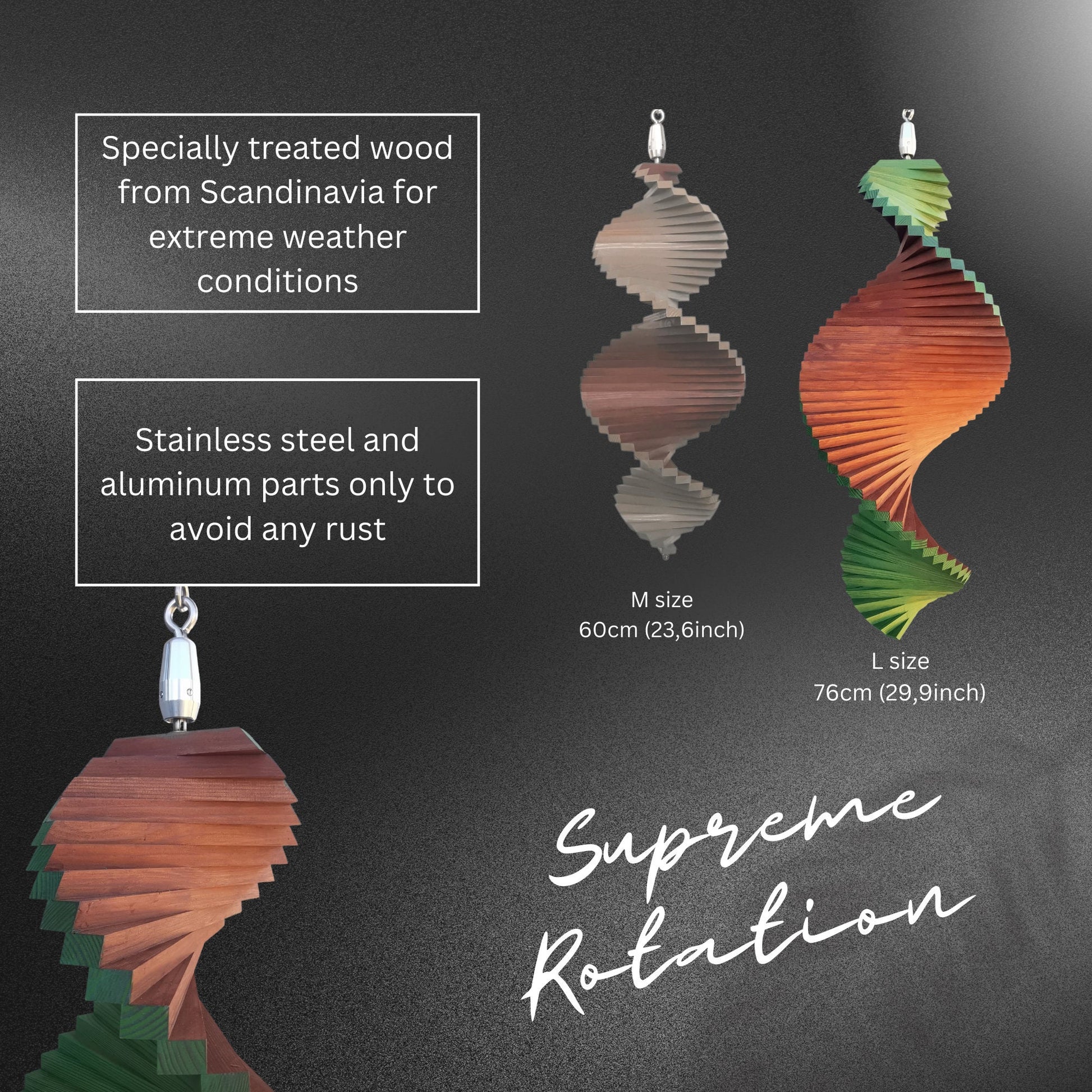 Wind spinner, Outstanding hanging Wood Decor for garden, Outside decoration for house in two colors. Signal red & Brown.