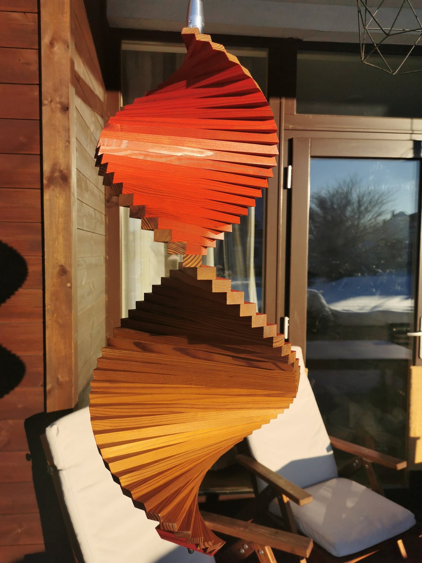 Wind spinner, Outstanding hanging Wood Decor for garden, Outside decoration for house in two colors. Signal red & Brown.