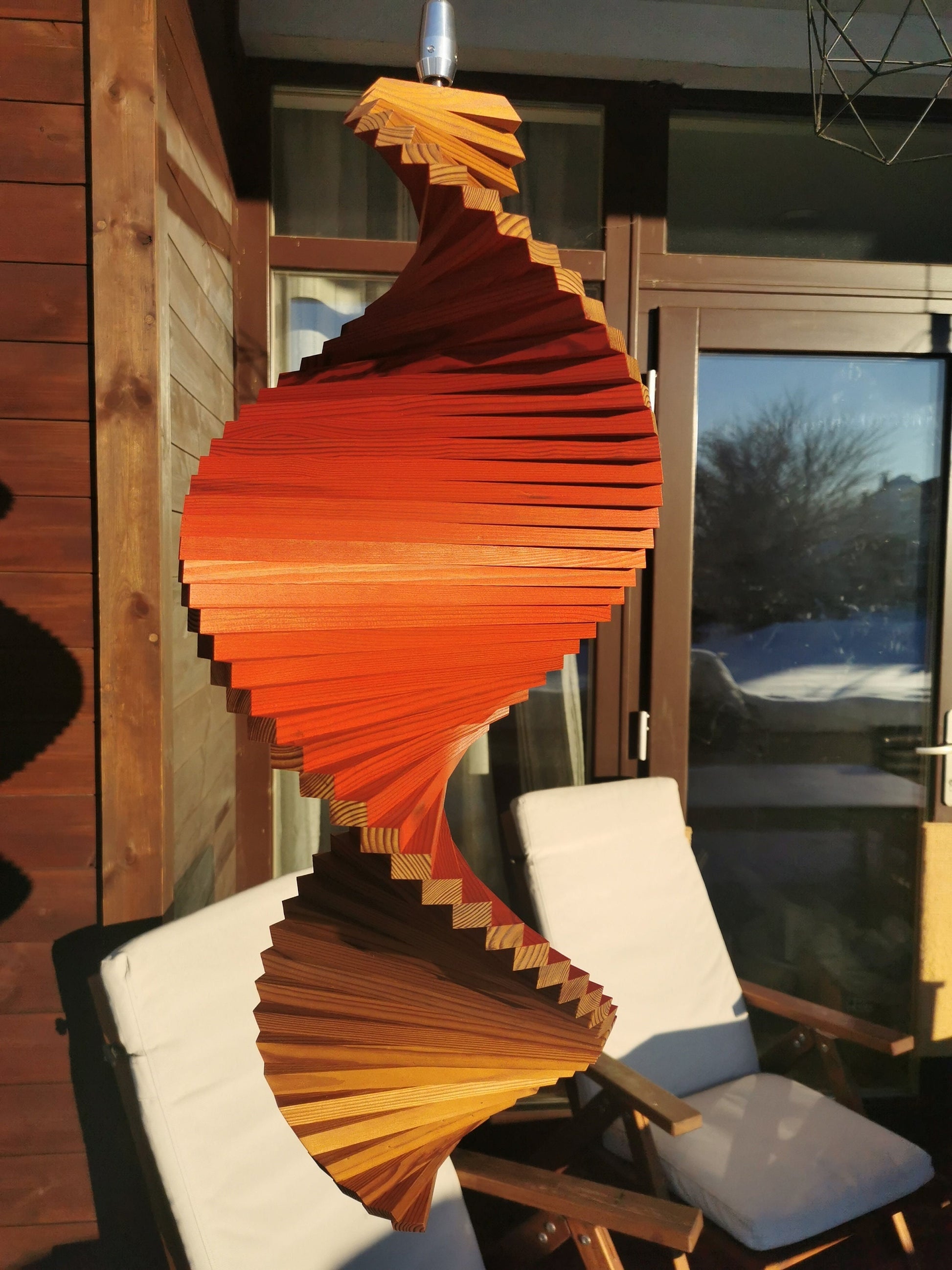 Wind spinner, Outstanding hanging Wood Decor for garden, Outside decoration for house in two colors. Signal red & Brown.