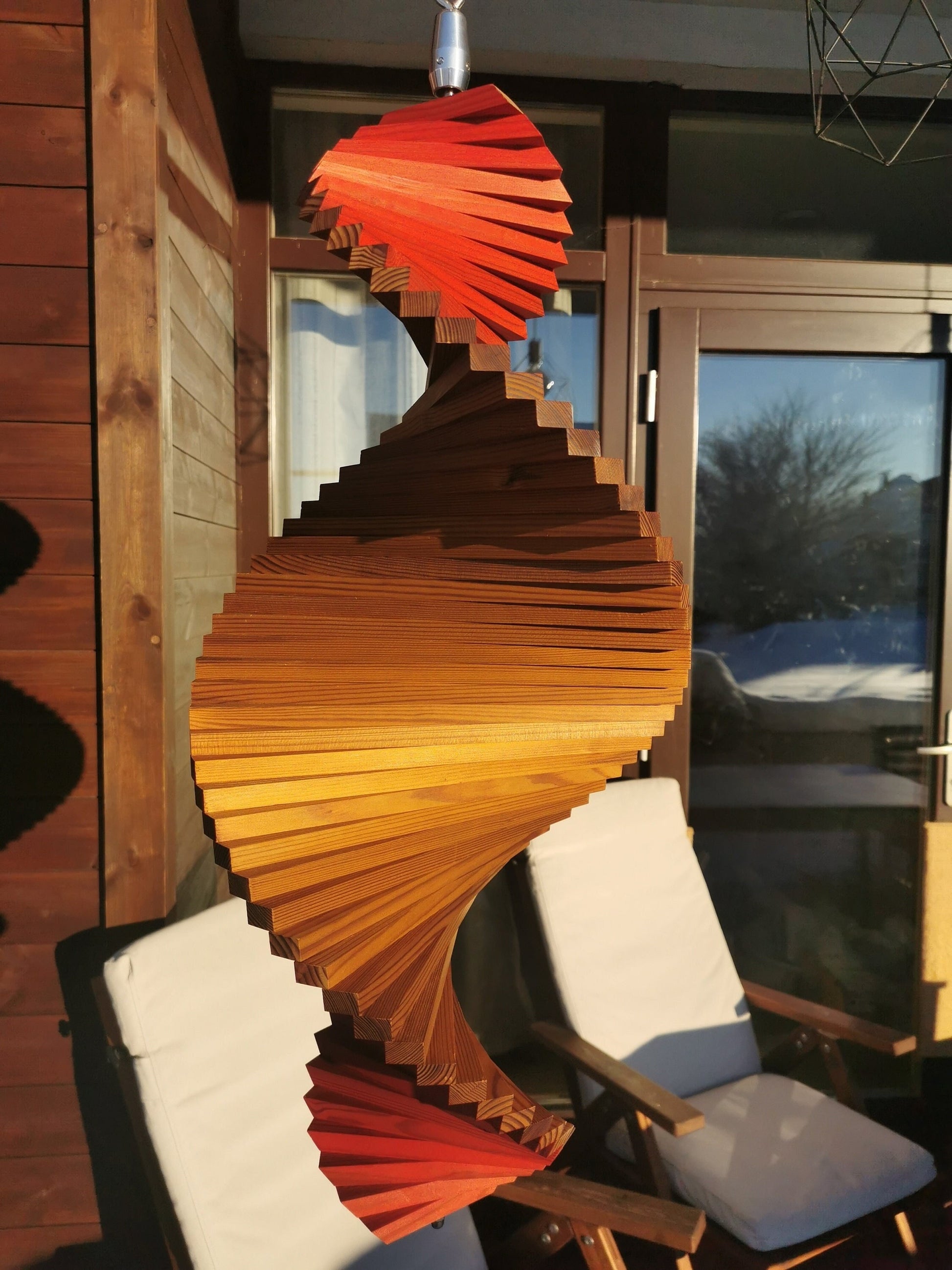 Wind spinner, Outstanding hanging Wood Decor for garden, Outside decoration for house in two colors. Signal red & Brown.