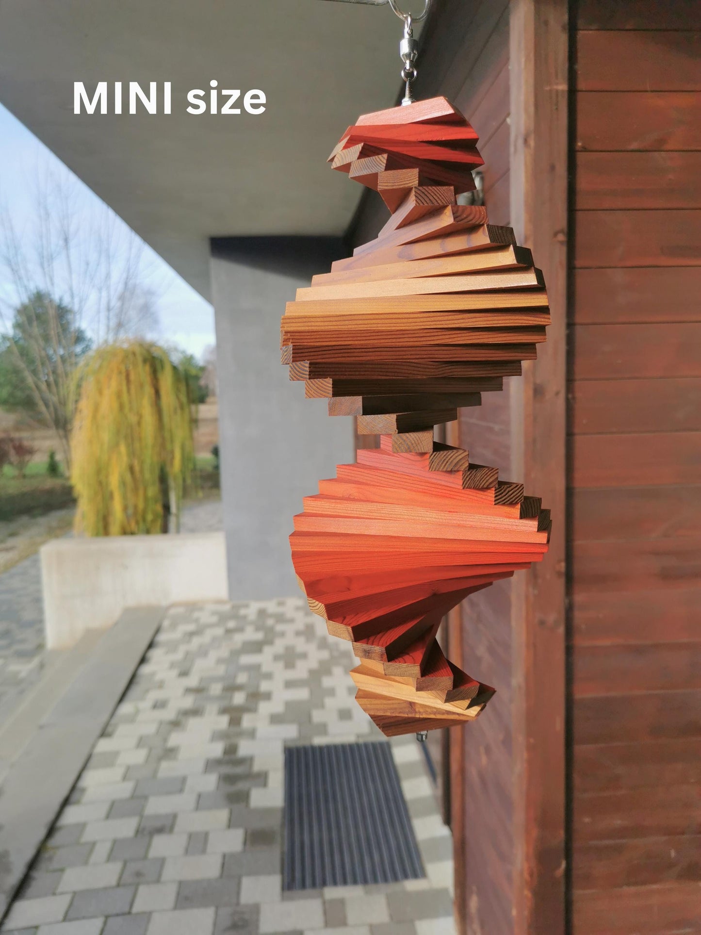 Wind spinner, Outstanding hanging Wood Decor for garden, Outside decoration for house in two colors. Signal red & Brown.